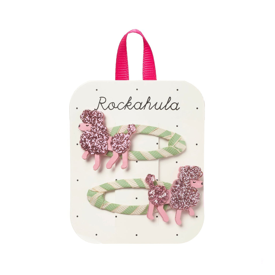 Rockahula Pretty in Pink Poodle Hair Clips - pink glitter poodles on green stripy snap clips