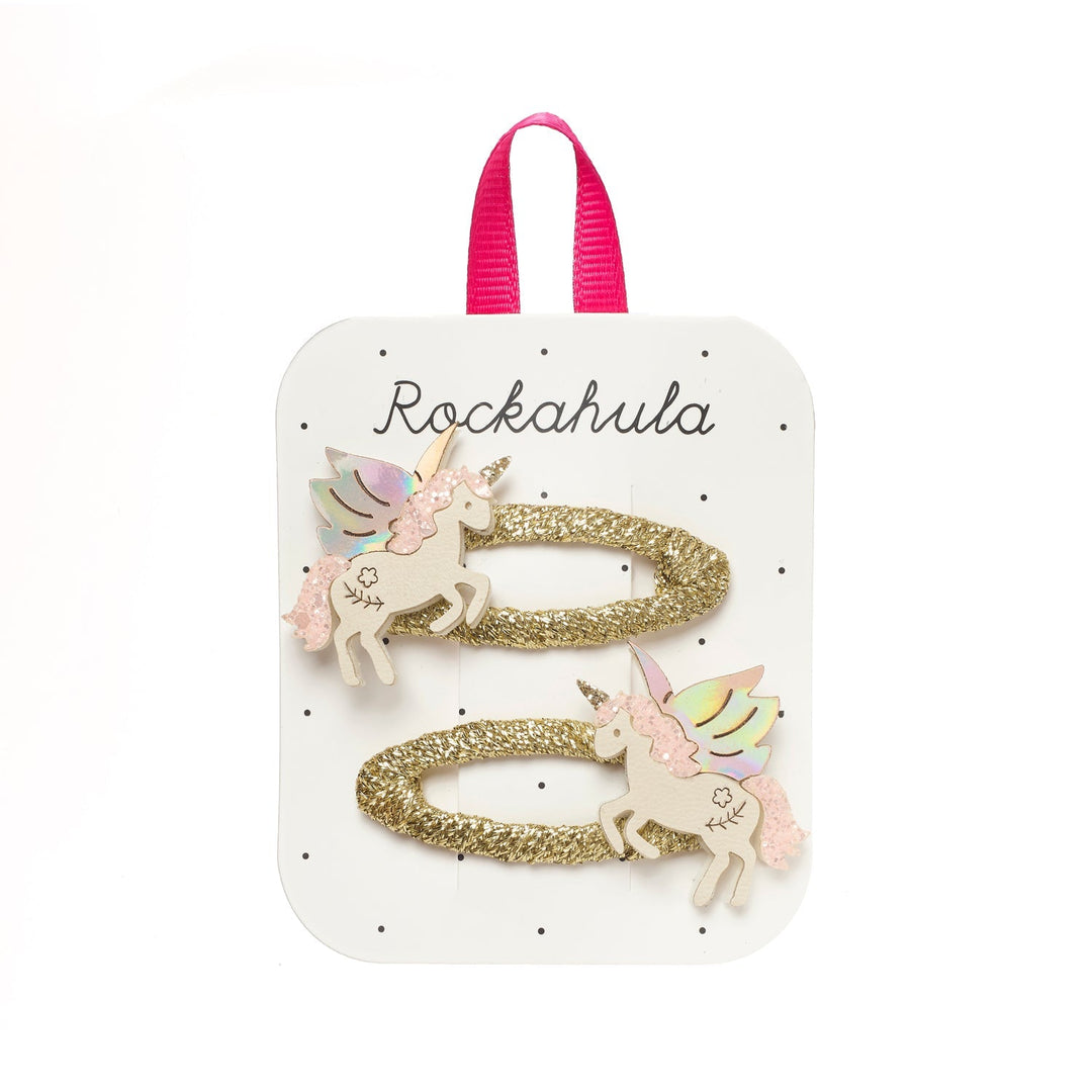 Rockahula Magical Unicorn Hair Clips - two glitter unicorns on gold ribbon snap clips