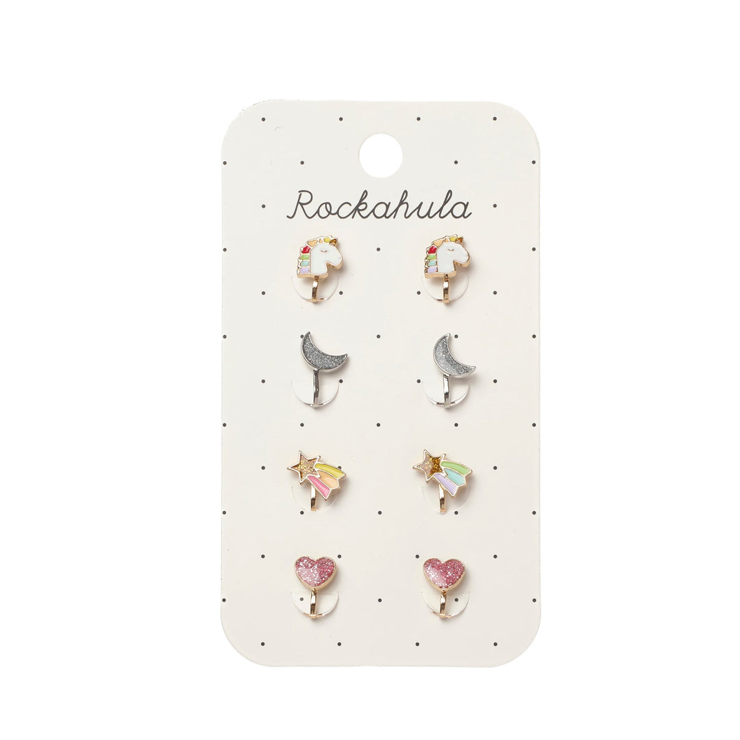 Rockahula Rainbow Unicorn Clip On Earrings - four pairs on card