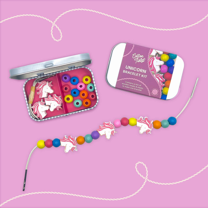 Cotton Twist unicorn bracelet making kit in hinged gift tin