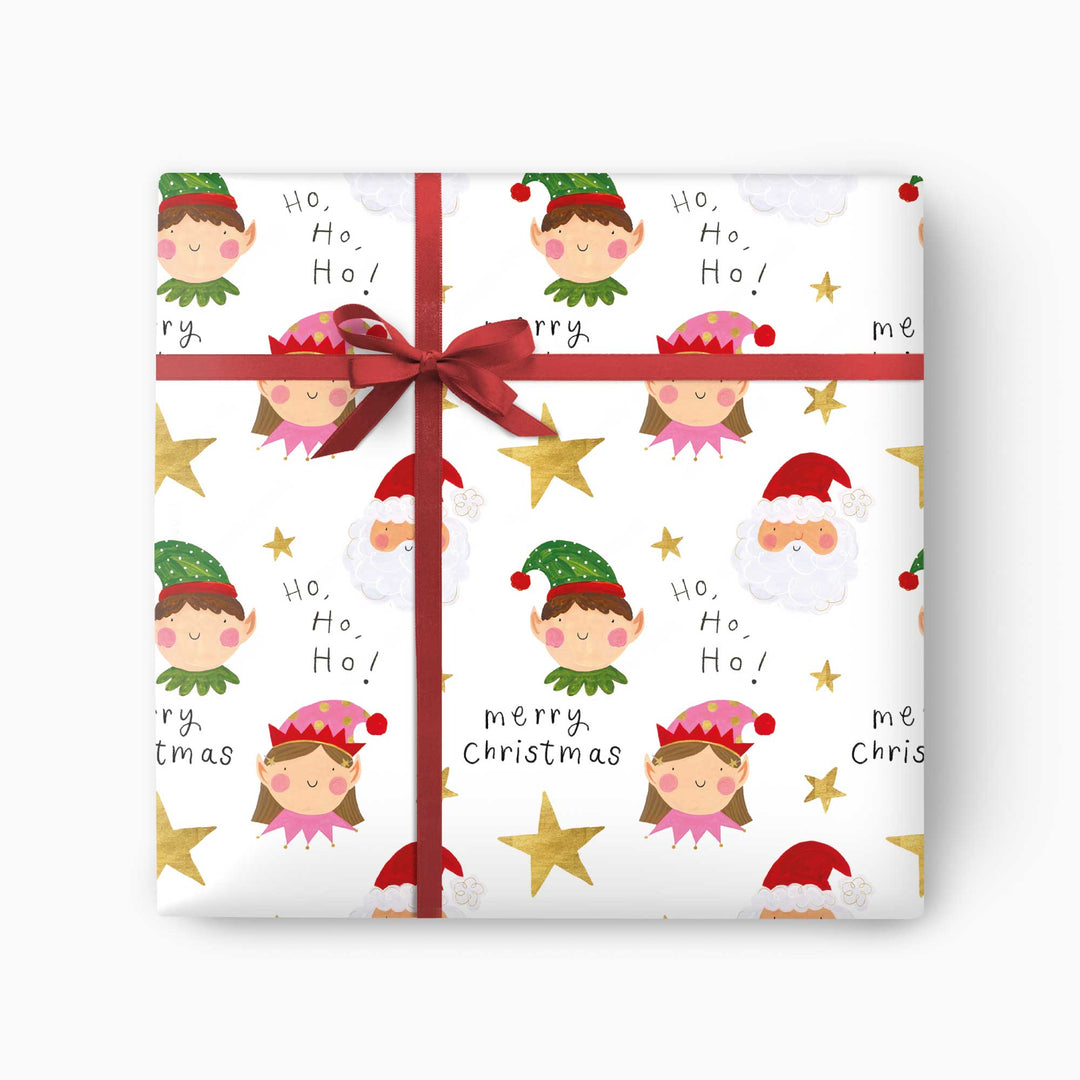 Elf Christmas wrapping paper with festive elf characters