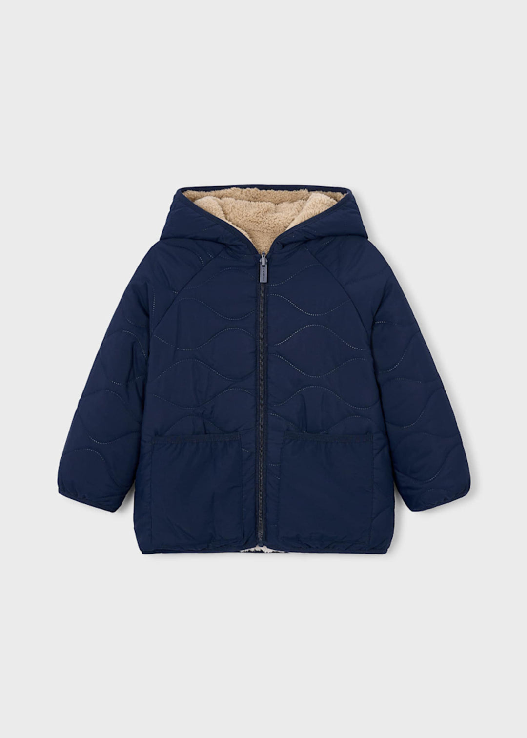 Mayoral boys reversible sheepskin-style jacket in dark ink navy, front view