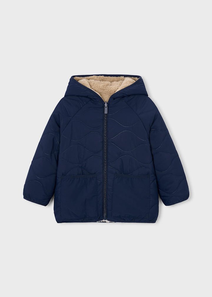 Mayoral boys reversible sheepskin-style jacket in dark ink navy, front view