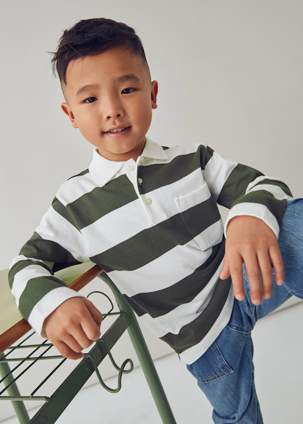 Long sleeved striped polo shirt Olive 4119