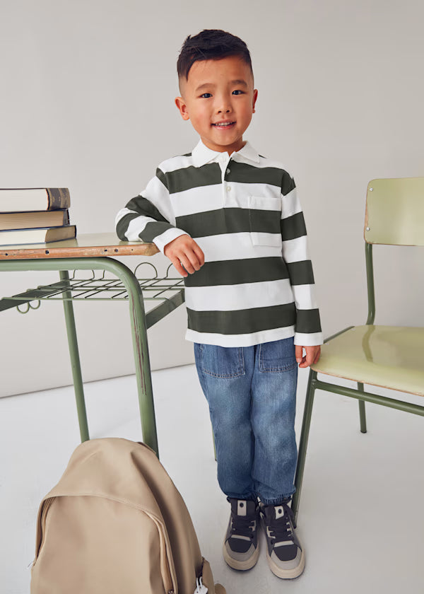 Long sleeved striped polo shirt Olive 4119