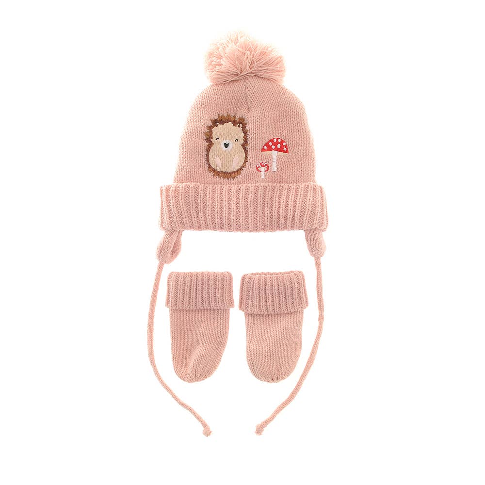 Woodland wooly hat and mittens set for babies, full view