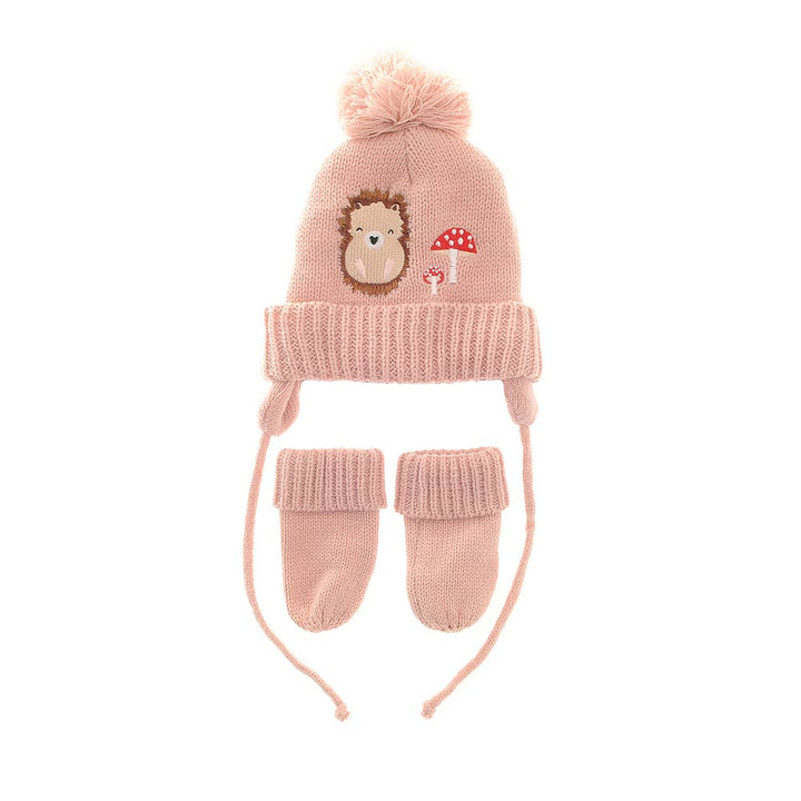 Woodland wooly hat and mittens set for babies, full view