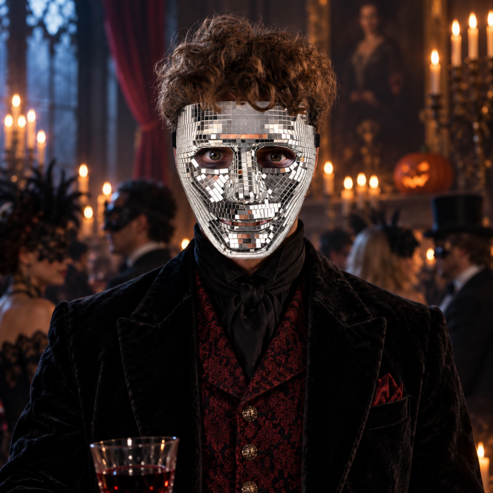 Halloween mirrored disco face mask covered in tiny mirror tiles, front view
