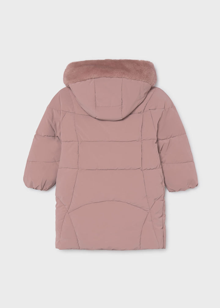 Mayoral girls long quilted puffer jacket in pale blue crystal, back view