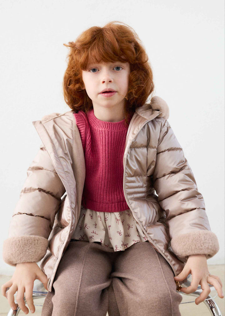Mayoral girls metallic faux fur puffer jacket in taupe mole, front view