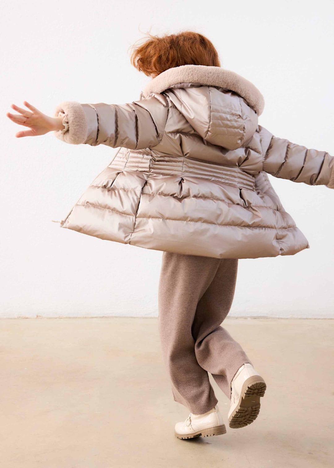 Mayoral girls metallic faux fur puffer jacket in taupe mole, alternate view