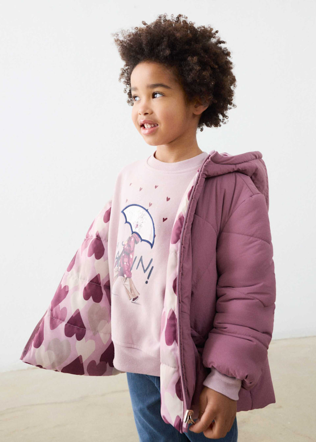 Mayoral girls reversible puffer jacket in violet purple, front view