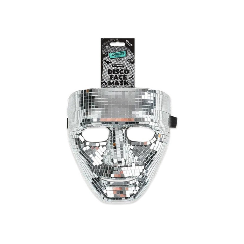 Person wearing a Halloween mirrored disco face mask