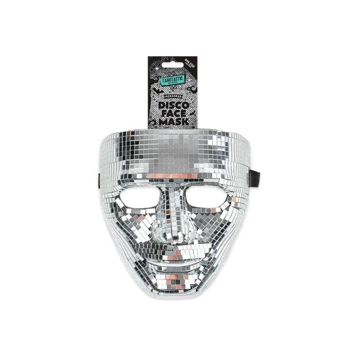 Person wearing a Halloween mirrored disco face mask