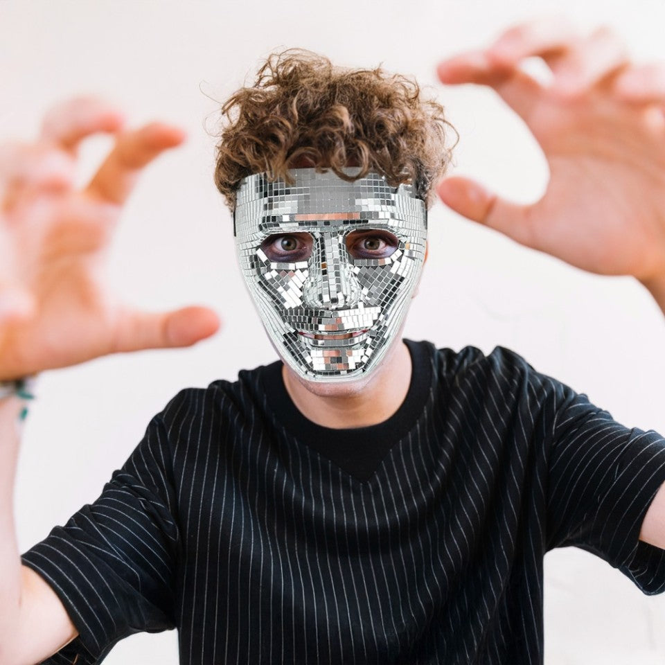 Halloween disco mirrored face mask, side view