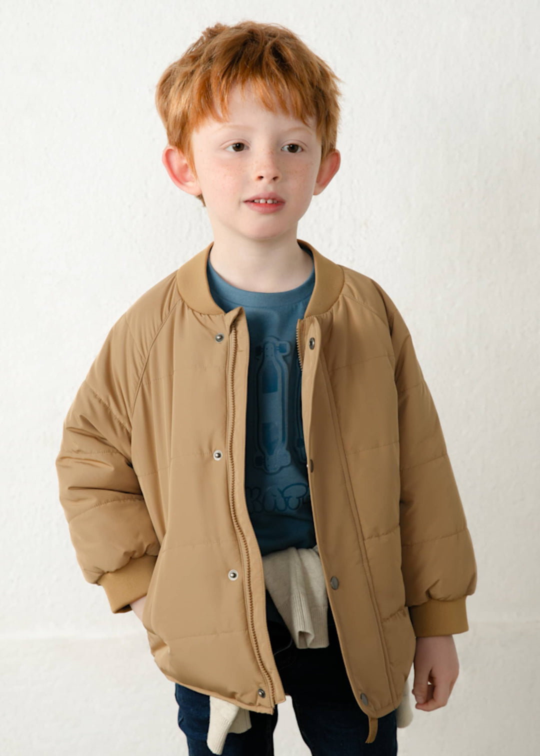 Mayoral boys lightweight zip-up jacket in biscuit tan, front view