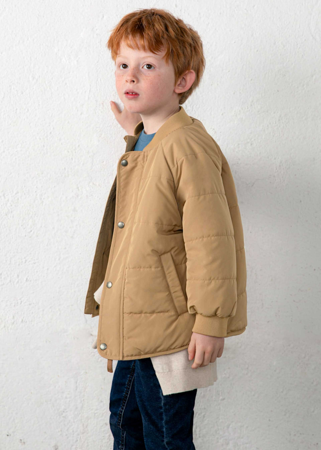 Mayoral boys lightweight zip-up jacket in biscuit tan, back view
