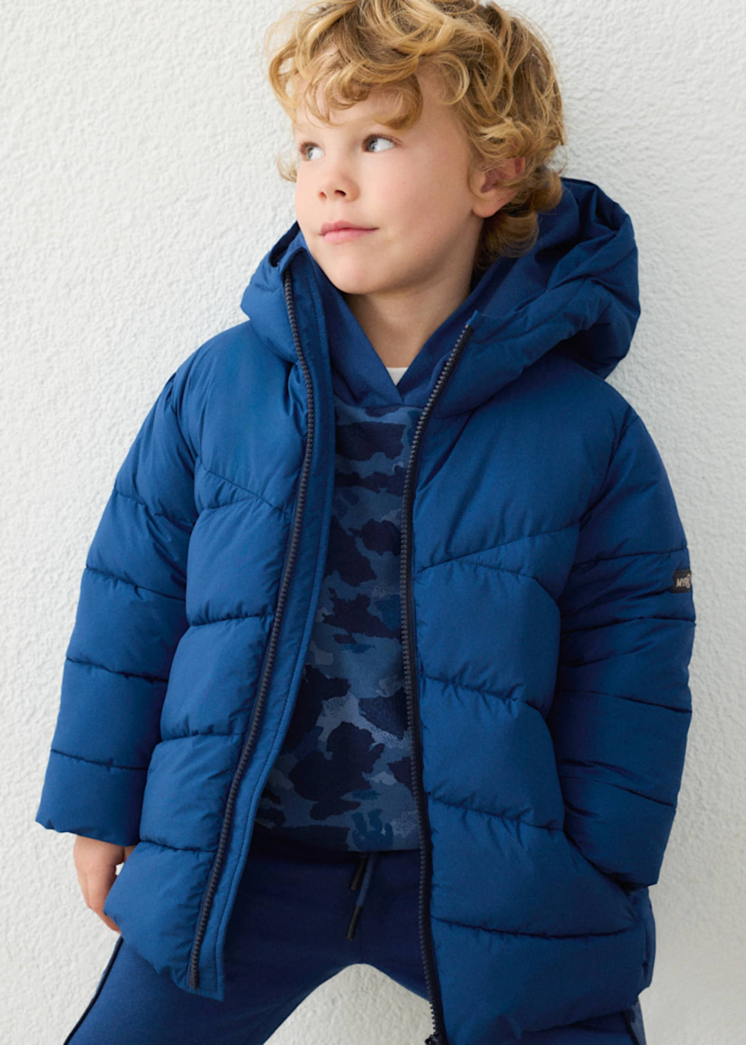 Mayoral boys long quilted puffer jacket in navy blue, front view
