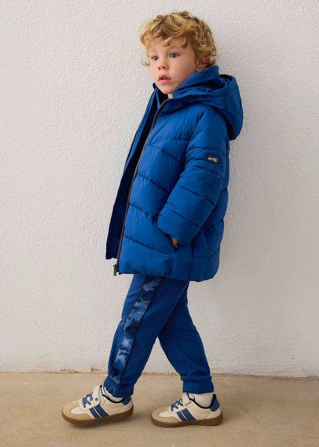 Mayoral boys long quilted puffer jacket in navy blue, back view