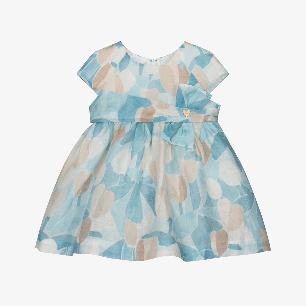 Mayoral - Girls Floral Print Cap Sleeve Occasion Dress - Light Blue 1909
