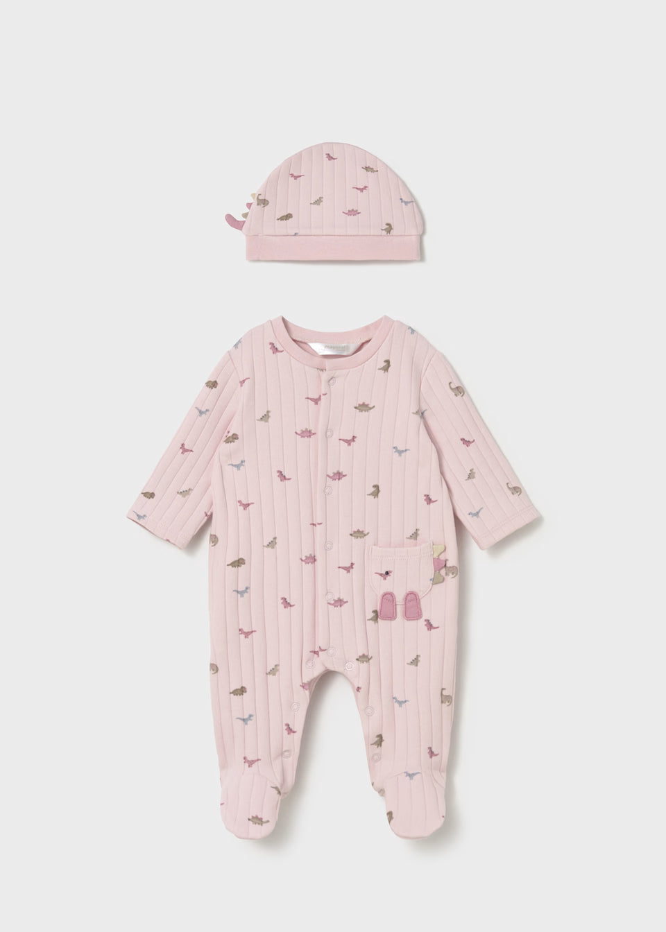 Mayoral dinosaur print romper with hat, pink - detail