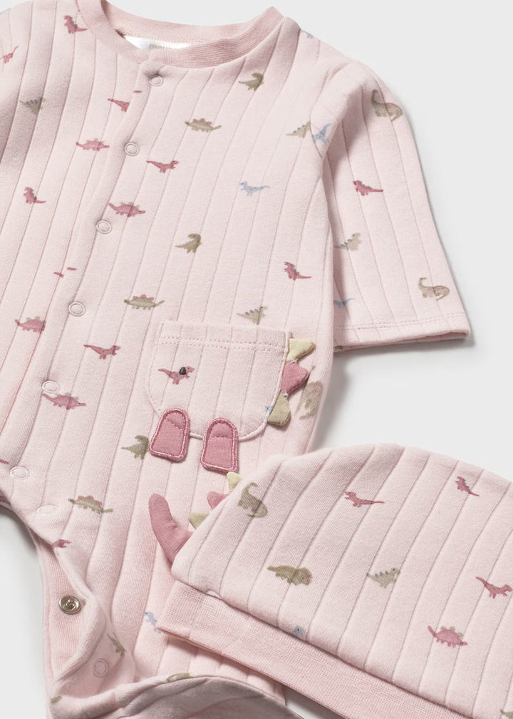 Mayoral dinosaur print romper with hat, pink