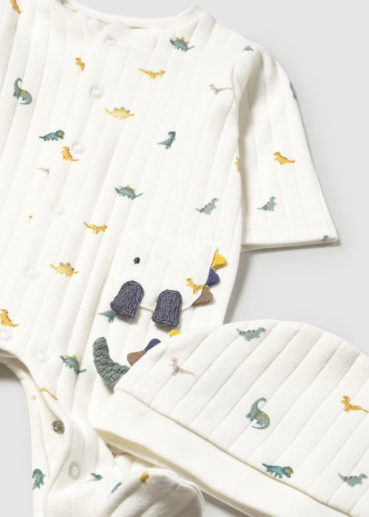 Mayoral baby dinosaur print romper with hat 2717
