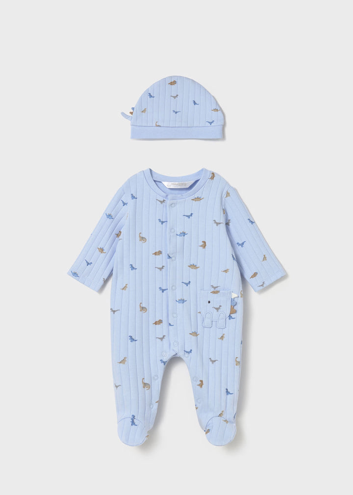 Mayoral dinosaur print romper with hat, sky blue - detail