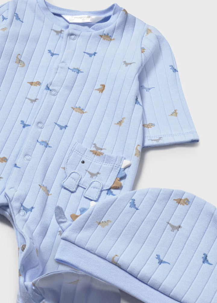 Mayoral dinosaur print romper with hat, sky blue