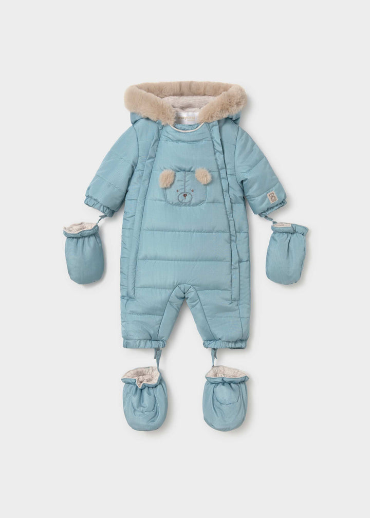 Mayoral newborn microfibre snowsuit in mineral grey, water-resistant, front view