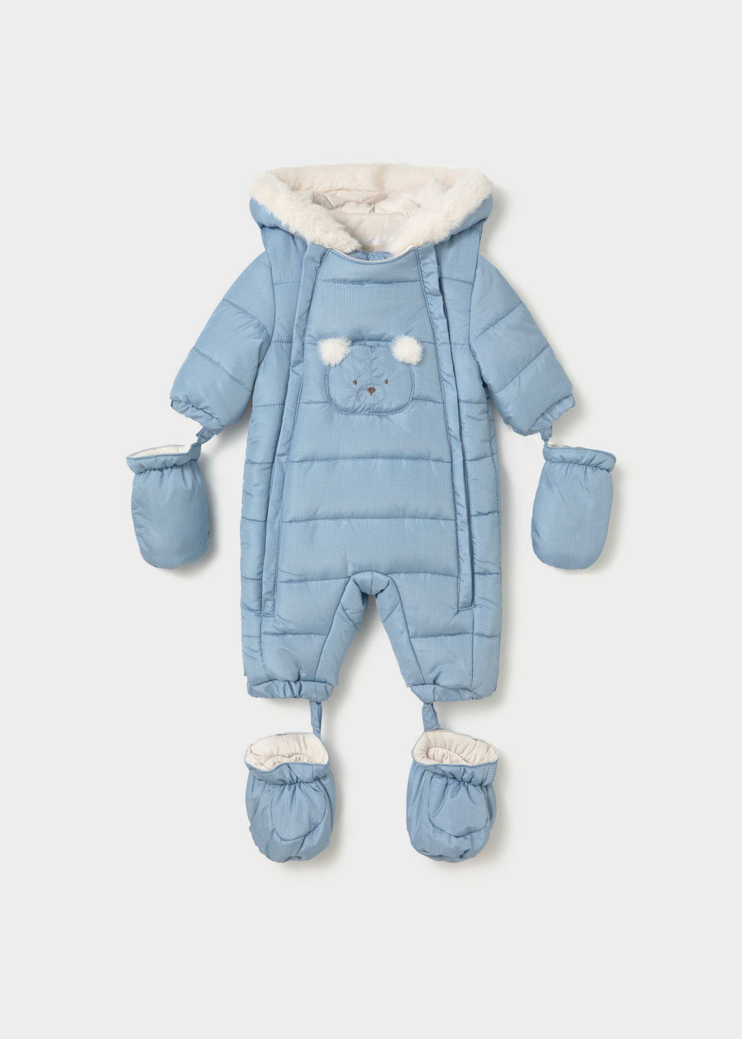 Mayoral newborn microfibre snowsuit in rain blue, water-resistant, front view