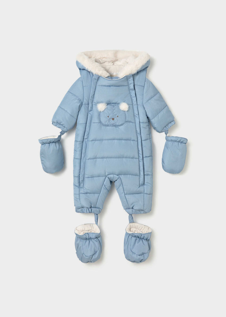 Mayoral newborn microfibre snowsuit in rain blue, water-resistant, front view