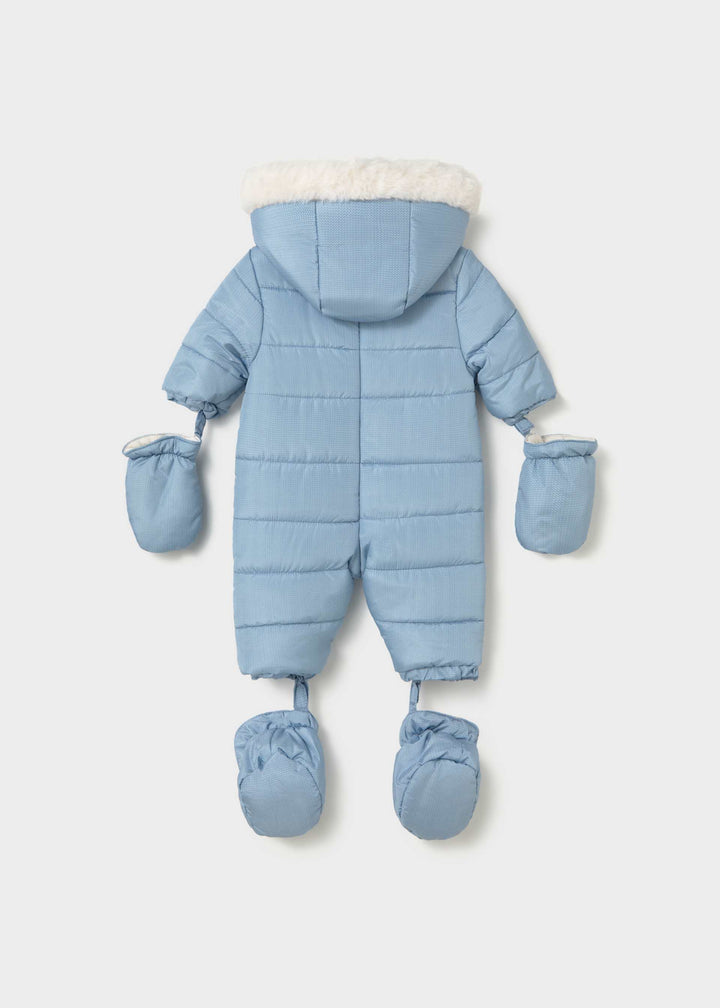Mayoral rain blue microfibre snowsuit - zip and hood detail