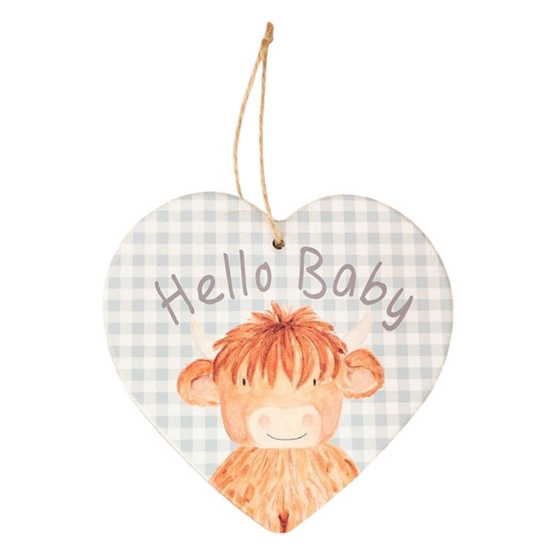 Hello Baby Highland Cow Ceramic Heart Plaque Hanger - New Baby Gift Blue