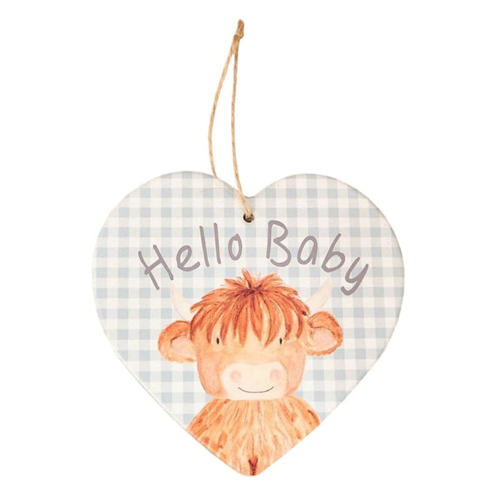 Hello Baby Highland Cow Ceramic Heart Plaque Hanger - New Baby Gift Blue