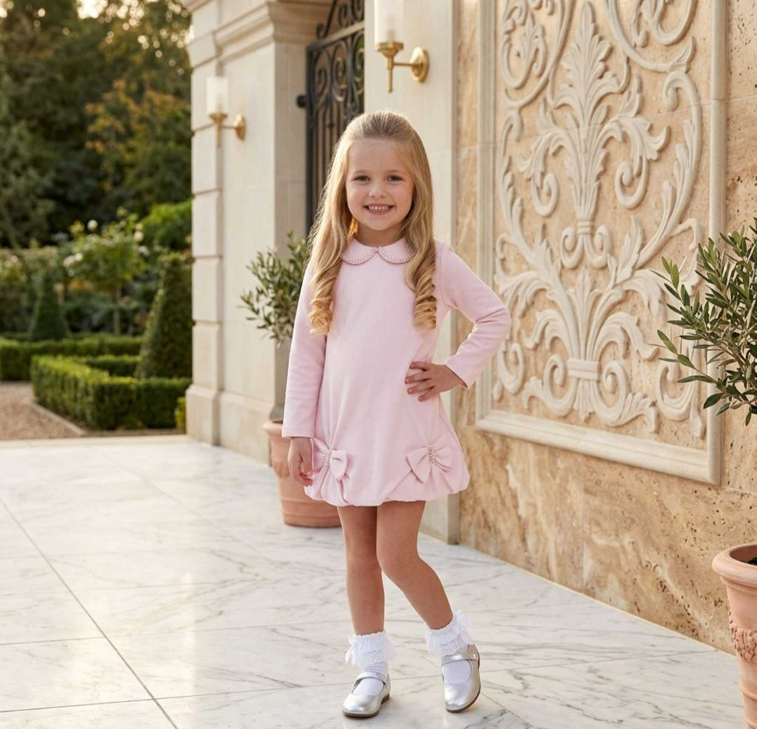 Bimbalò Girls Puffball Hem Dress with Beaded Collar and Bows - Pale Pink
