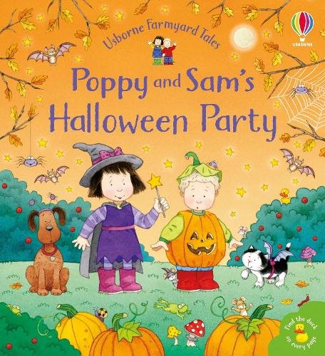 Poppy & Sam's Halloween Party board book cover, a Usborne Farmyard Tales book by Sam Taplin