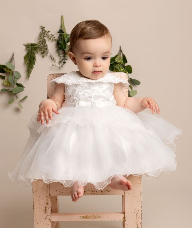 Girls White Embroidered Hazel Tulle & Satin Occasionwear Dress