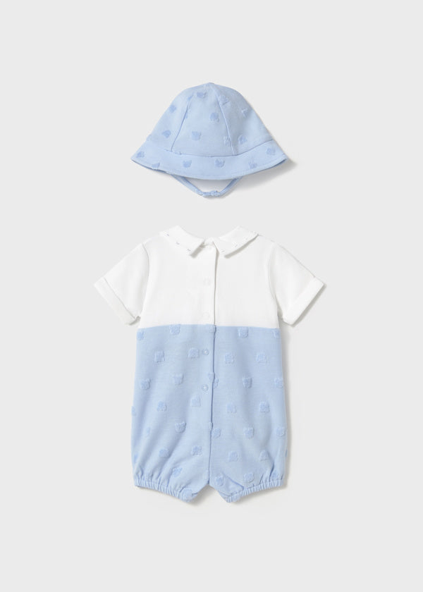 Mayoral Sky Blue Baby Dungaree Romper with Bonnet Hat 1605