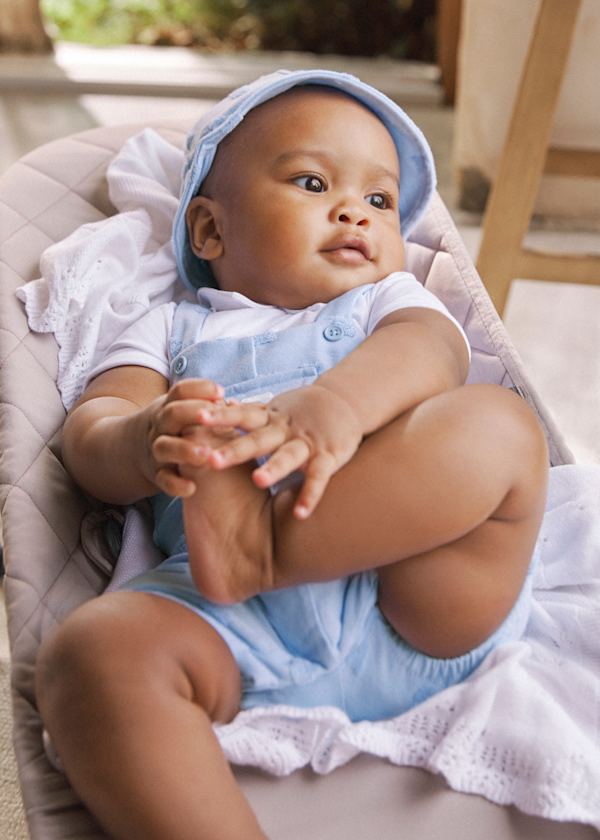 Mayoral Sky Blue Baby Dungaree Romper with Bonnet Hat 1605