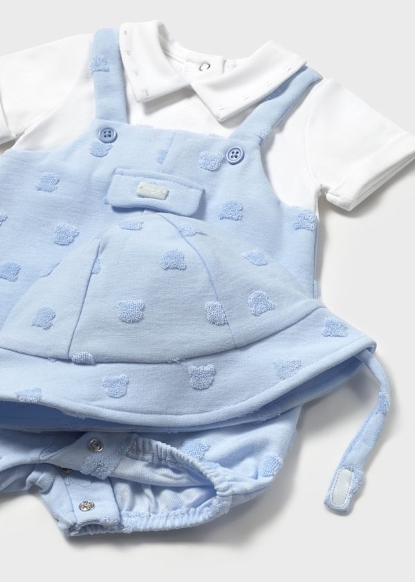Mayoral Sky Blue Baby Dungaree Romper with Bonnet Hat 1605