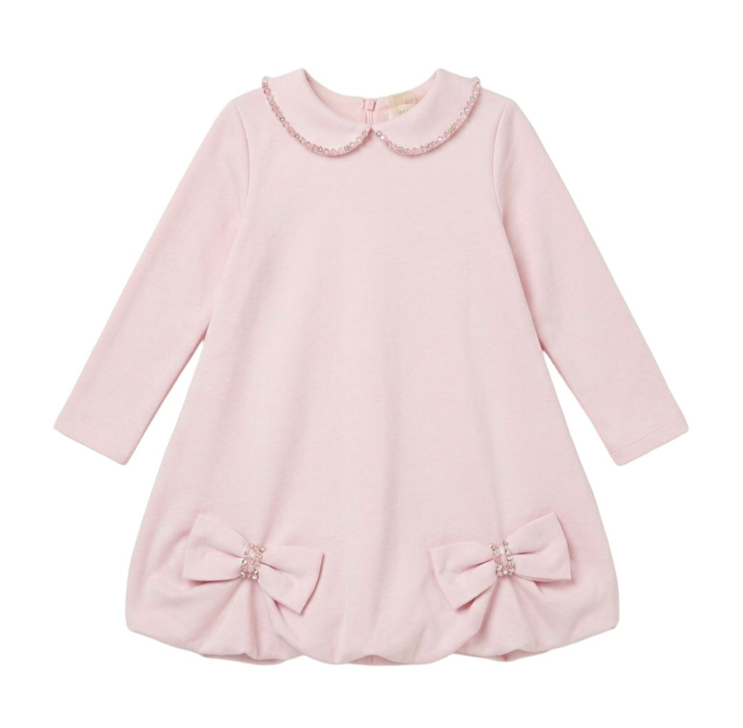 Bimbalò Girls Puffball Hem Dress with Beaded Collar and Bows - Pale Pink