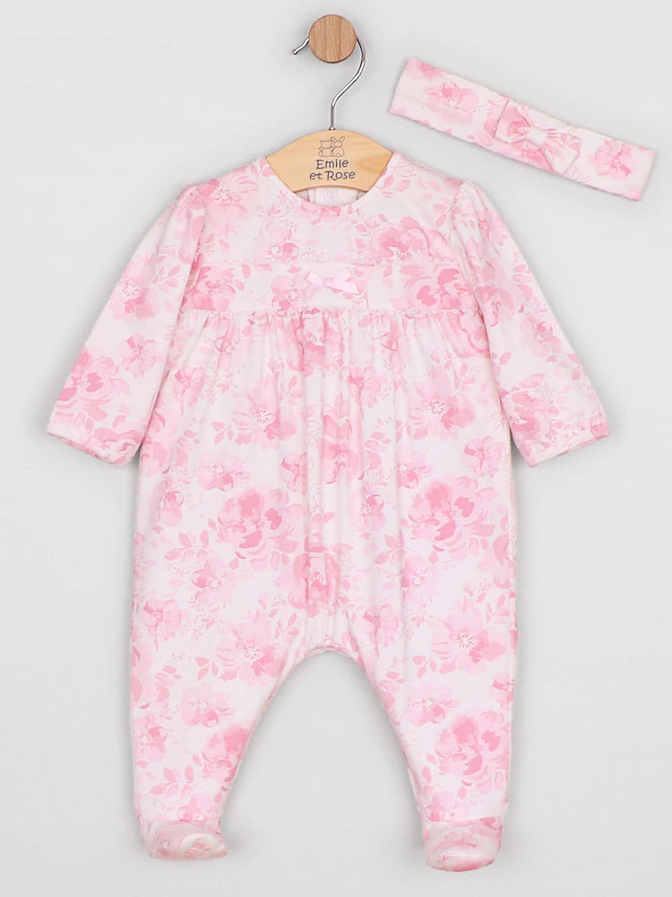 Mary - Pink Floral Print Babygrow All-in-One with bow headband 2671