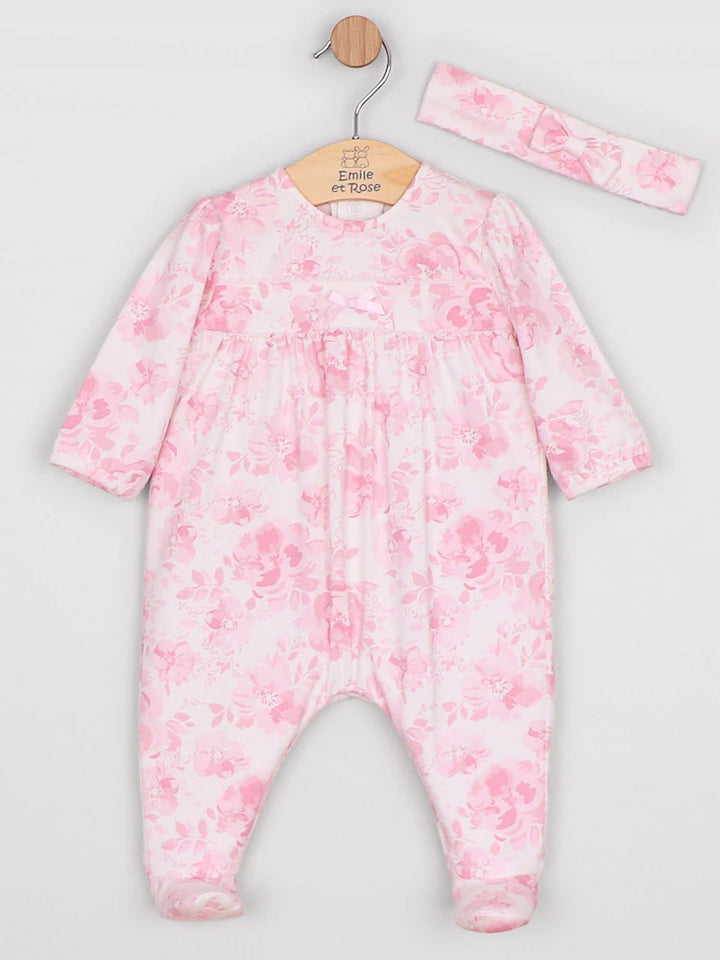 Mary - Pink Floral Print Babygrow All-in-One with bow headband 2671