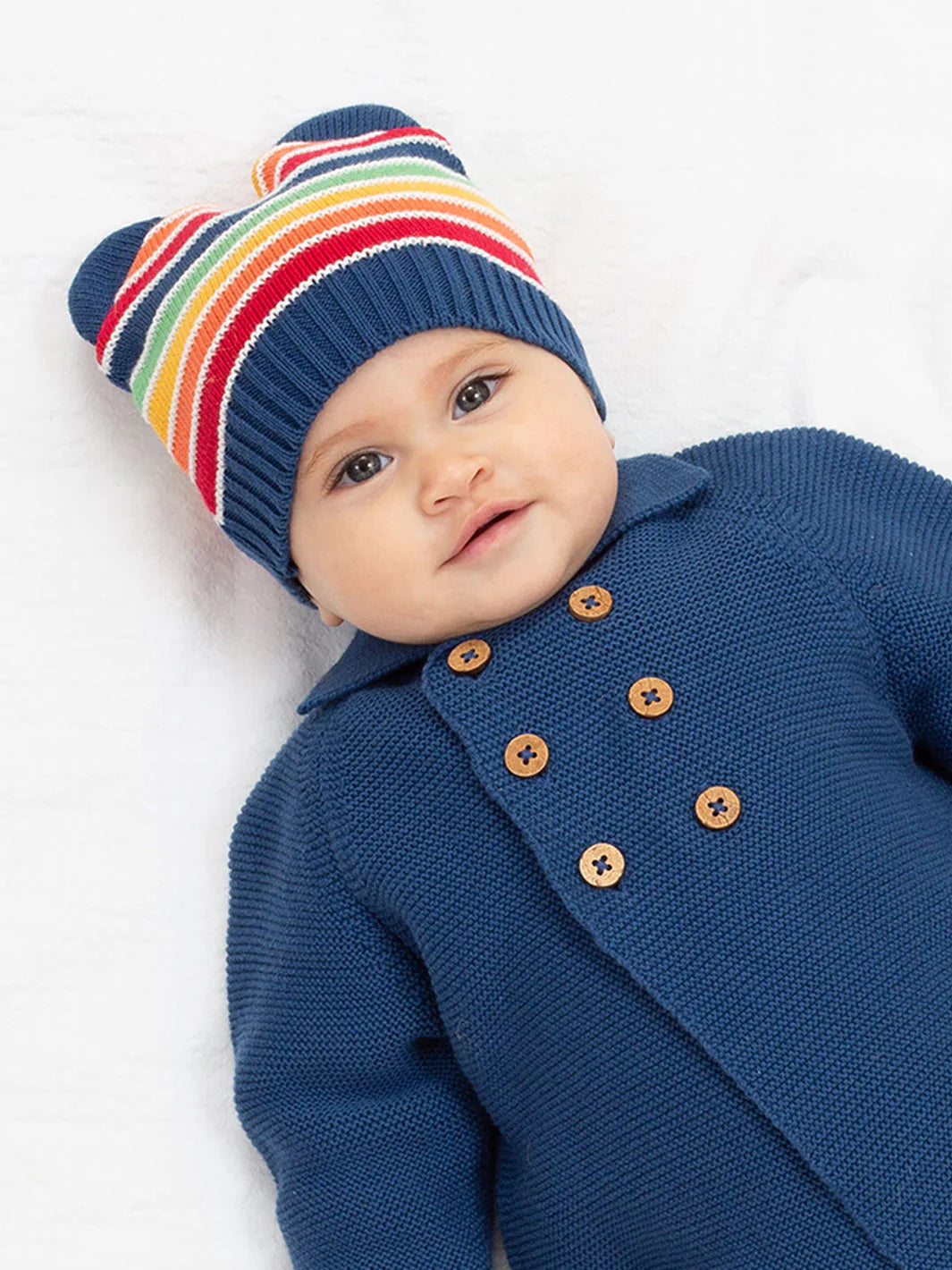 Kite Rainbow knit hat, side view
