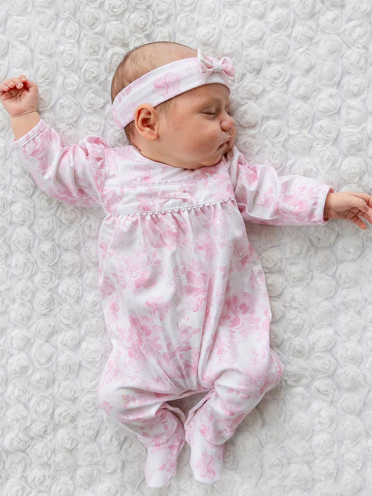 Mary - Pink Floral Print Babygrow All-in-One with bow headband 2671