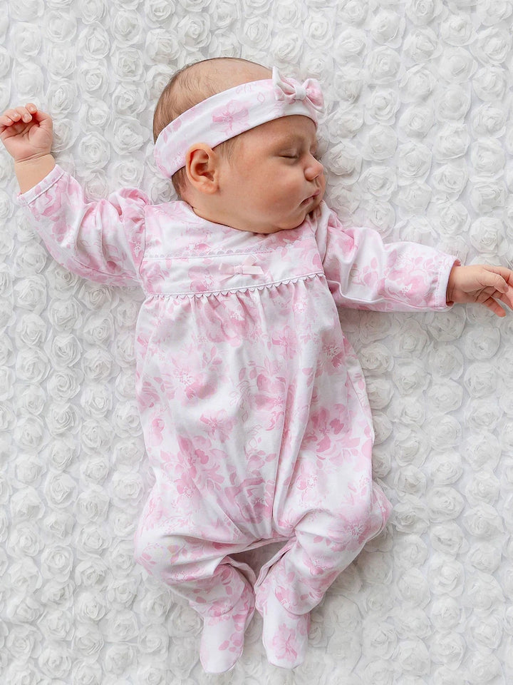 Mary - Pink Floral Print Babygrow All-in-One with bow headband 2671