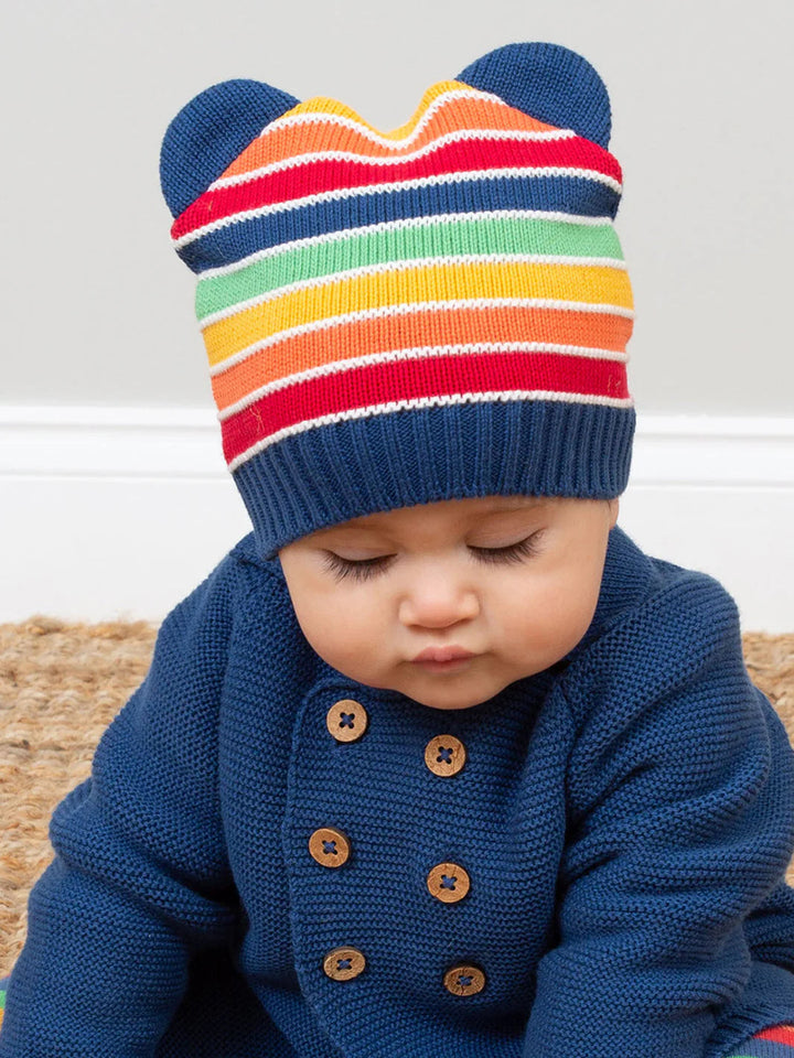 Kite Rainbow knit organic cotton baby hat, detail