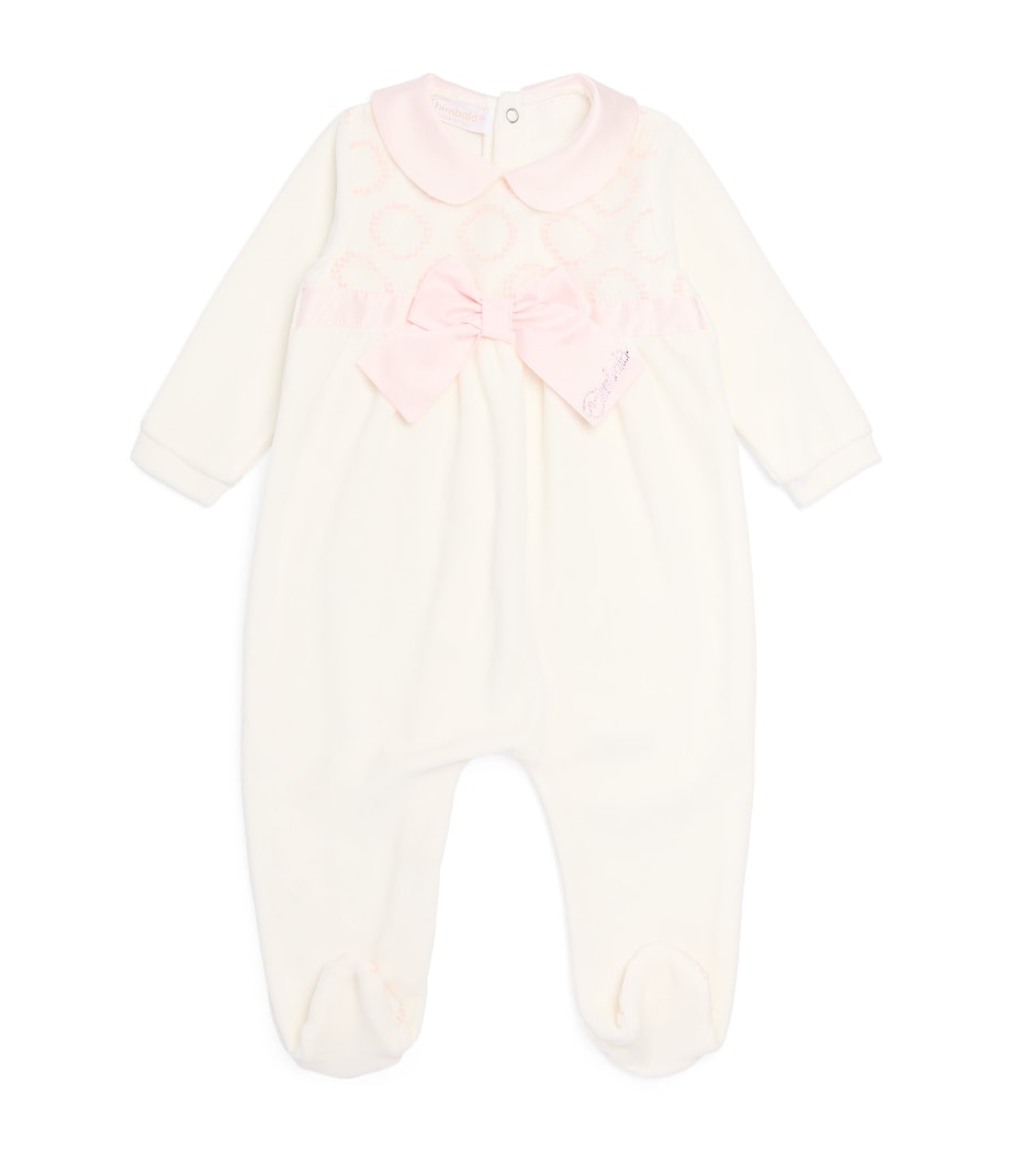 Bimbalò pink front bow baby romper with Peter Pan collar and diamanté logo
