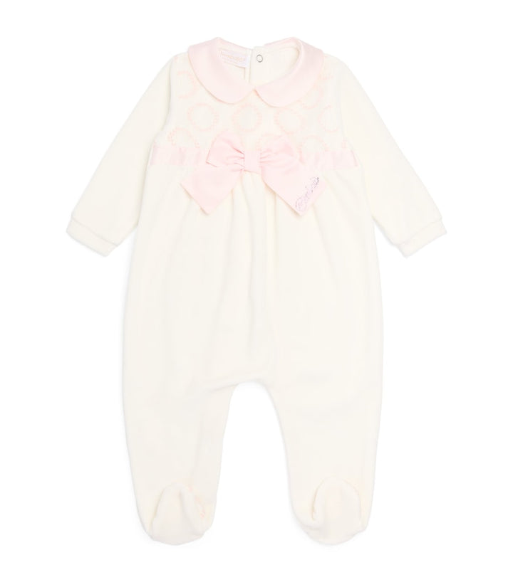 Bimbalò pink front bow baby romper with Peter Pan collar and diamanté logo